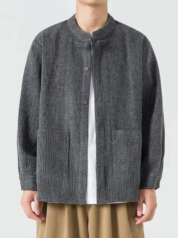 

New Chinese Sle Thiened Woolen Jaet Men's Autumn Winter Loose Outerwear Tai Chi Costume Large Size Youth Faion