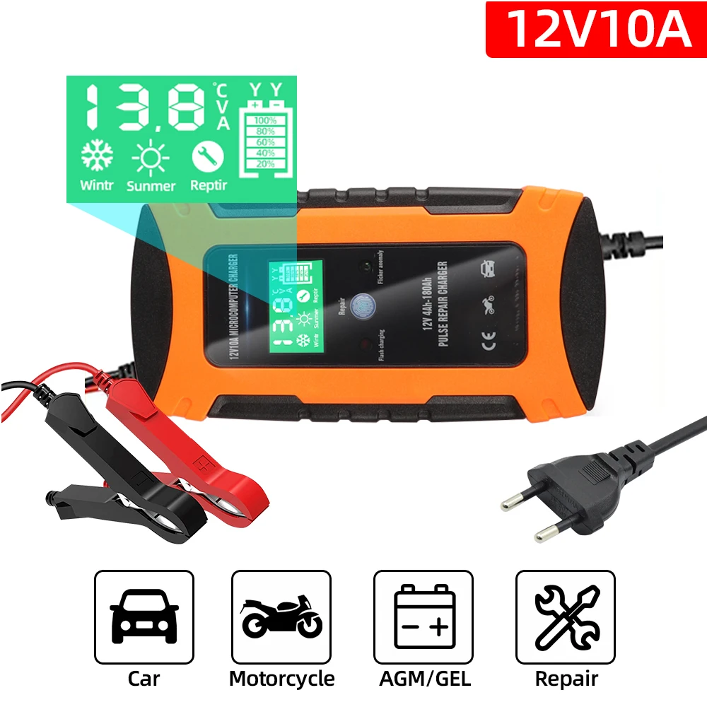 12V 10A Car Battery Charger Lcd Touch Screen Display Automatic Smart Battery Charger Pulse Repair Chargers Wet Dry Lead Acid