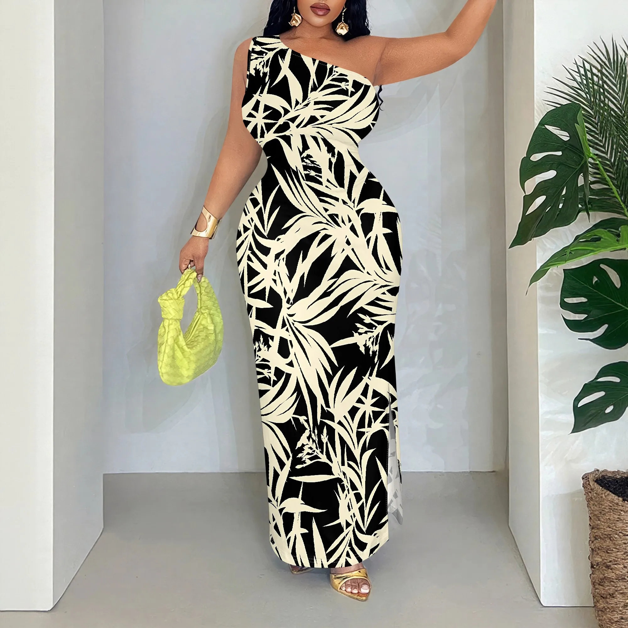 

Tropical Leaf Print, One Shoulder Maxi Dress, Sleeveless Ruched Bodycon, Asymmetric Neckline, Summer Evening Party Wear, S-2XL
