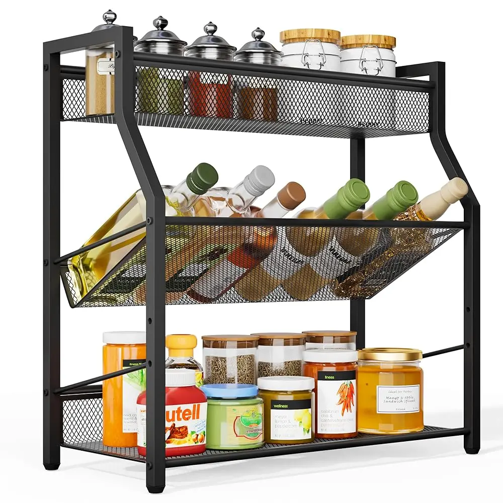 

3 Tier Spice Rack, Kitchen Storage Organizer Shelf For Countertop, Metal Seasoning Storage Shelf With Guardrail And Mesh Design