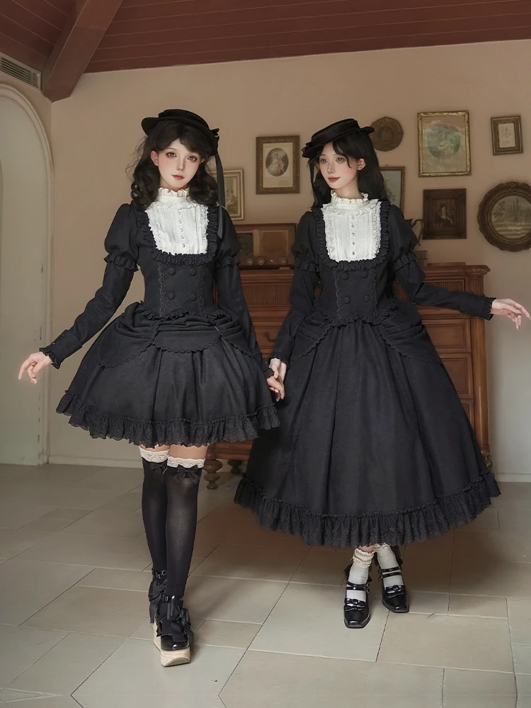 Oryginalny czarny gotycki strój na Halloween, rozdzielna sukienka, francuski elegancki styl dworski, retro koszula z długim rękawem, zestaw długich spódnic, sukienka Lolita.