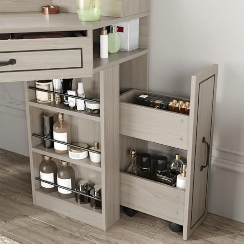 Meja Rias Rias, Meja Rias Sudut dengan Cermin LED HD, Banyak Rak Penyimpanan, 2 Laci & Lemari, Meja Rias dengan Stat Pengisian Daya