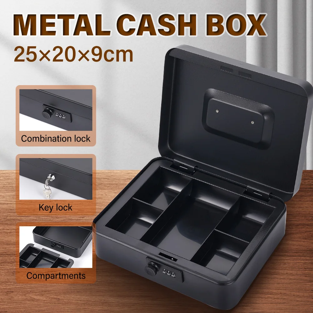 Lockable Metal Safe Box 25x20x9cm Removable Bill Coin Divider Portable Money Storage For Household Small Valuables Organizer