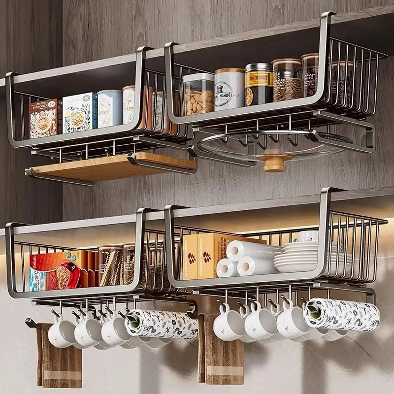kitchen-hanging-storage-rack-paper-towel-holder-cabinet-under-shelf-basket-multi-layered-wall-mounted-organizer
