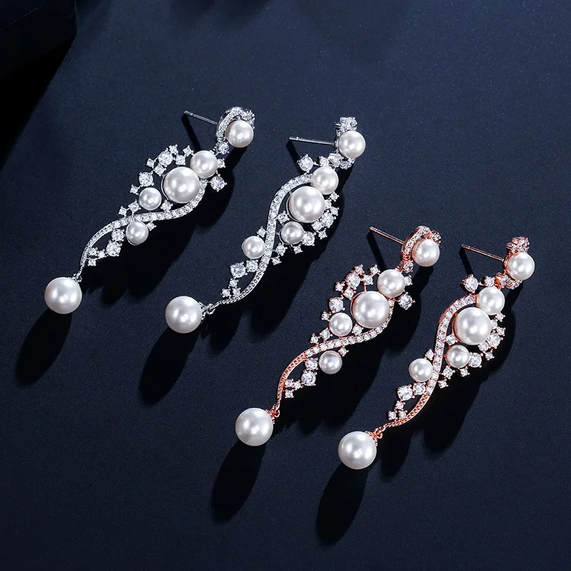 Luxury Silver Color Stud Earings with Pearl Bling Zircon Stone for Women Fashion Jewelry 2025 New Trend