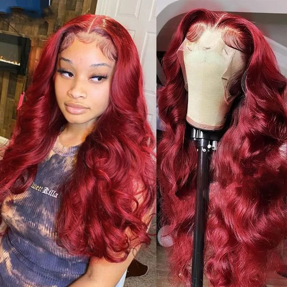 

99J Burgundy 200% Density Body Wave Brazilian 13x4 Lace Front Human Hair Wigs For Women 40 Inch 13x6 Lace Frontal Human Hair Wig