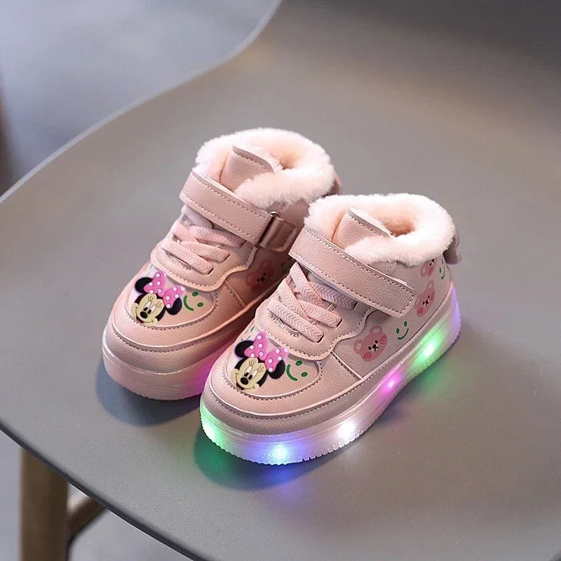 Disney children's cartoon Minnie soft-soled casual shoes girls light up sneakers baby plus velvet warm short boots cotton shoes