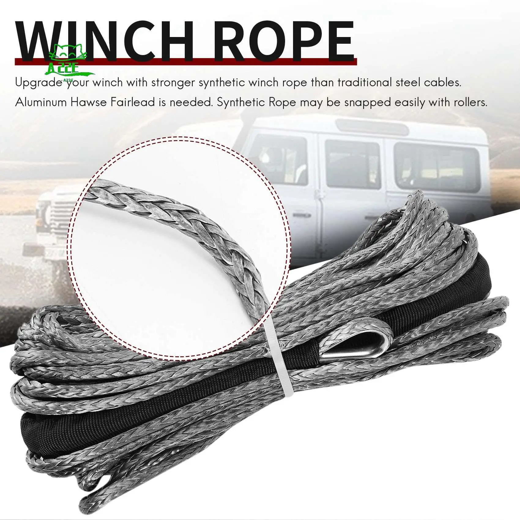 A22E-3/16 Inch X 50 Inch 7700Lbs Synthetic Winch Line Cable Rope With Protecing Sleeve For ATV UTV (Grey)