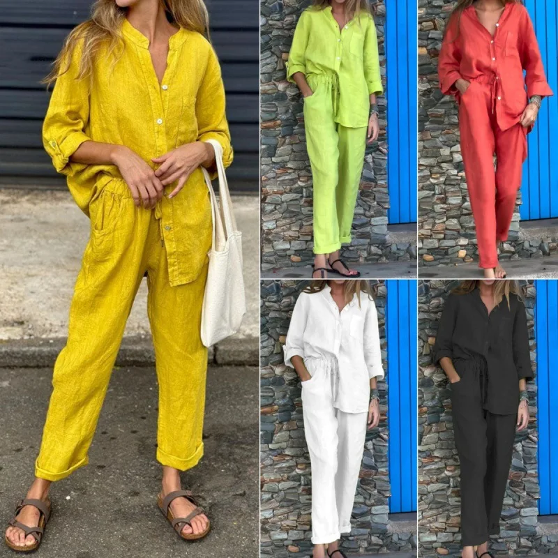 

2025Summer New Style New Women's2Plus Size Cotton and Linen Shirt Outfit High Waist Loose Trousers