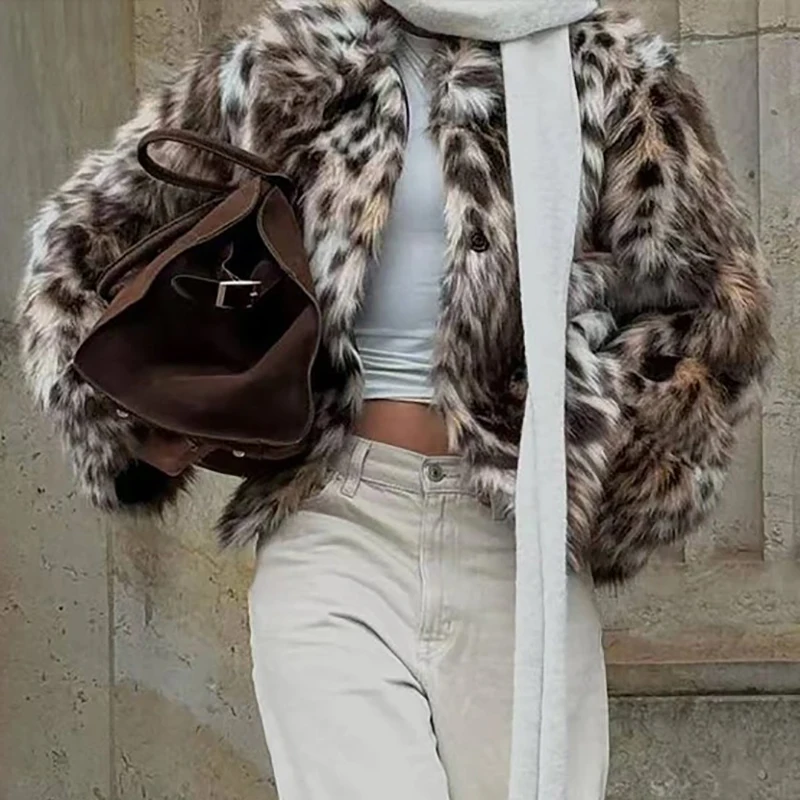 

Autumn Winter New Arrival Women's Faionable Casual Leopard Print Artificial Fur Coat Versatile Stand Fit European Streetwear