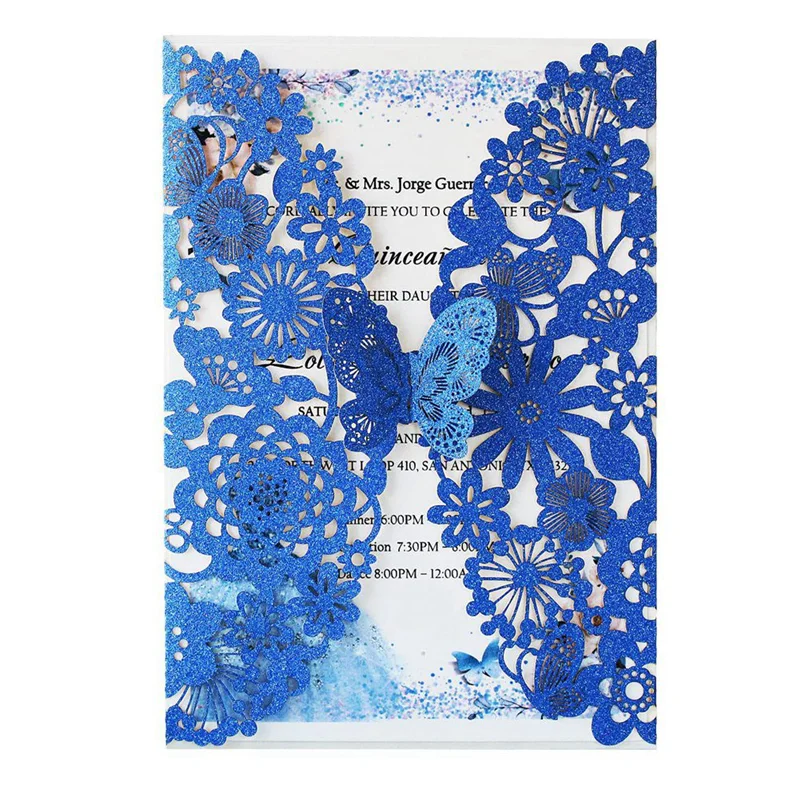 

20 Set Butterfly Invitation Cards Lace Wedding Invitations Paper Quinceanera Card With Envelopes ( Blue Glitter)-AC82