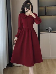 2024 Red Long Sleeve Doll Collar Casual Home Dress Autumn Winter Chic Dresses for Special Events Women Korean Elegant Prom Dress