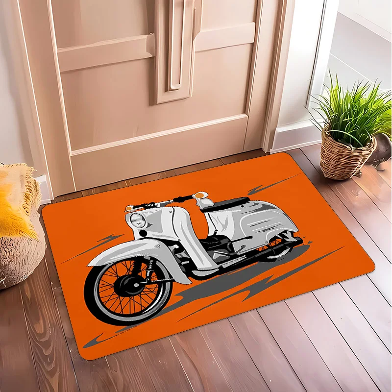 VIKAMA Retro Scooter Doormat Vintage Motorcycle Orange Background Print Non‑Slip Washable Entrance Mat Biker Home Decor FloorRug