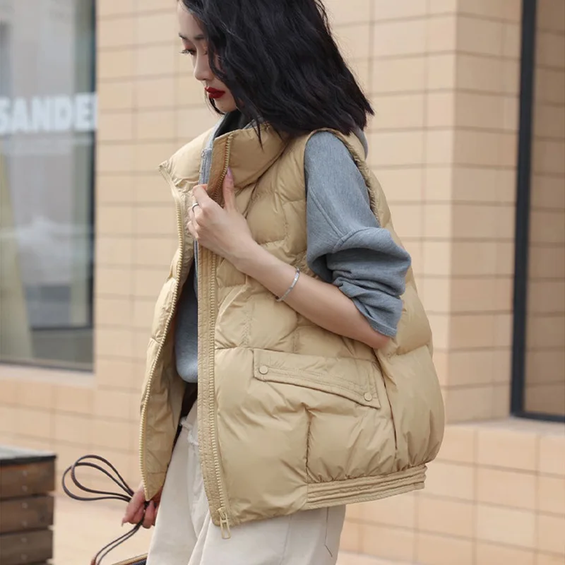 

Winter White Duck Down Vest For Woman Sleeveless Short Puffer Jackets Woman Stand Collar Waistcoats chaquetas para mujer JK-168