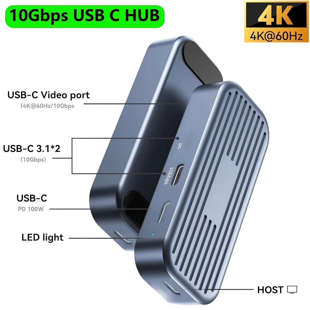 FC&EC USB C Hub 4K 60Hz Video PD 100W 10Gbps Aluminium USB 3.2 Gen 2 Hub Laptop Docking Station Type C Adapter USB Splitter