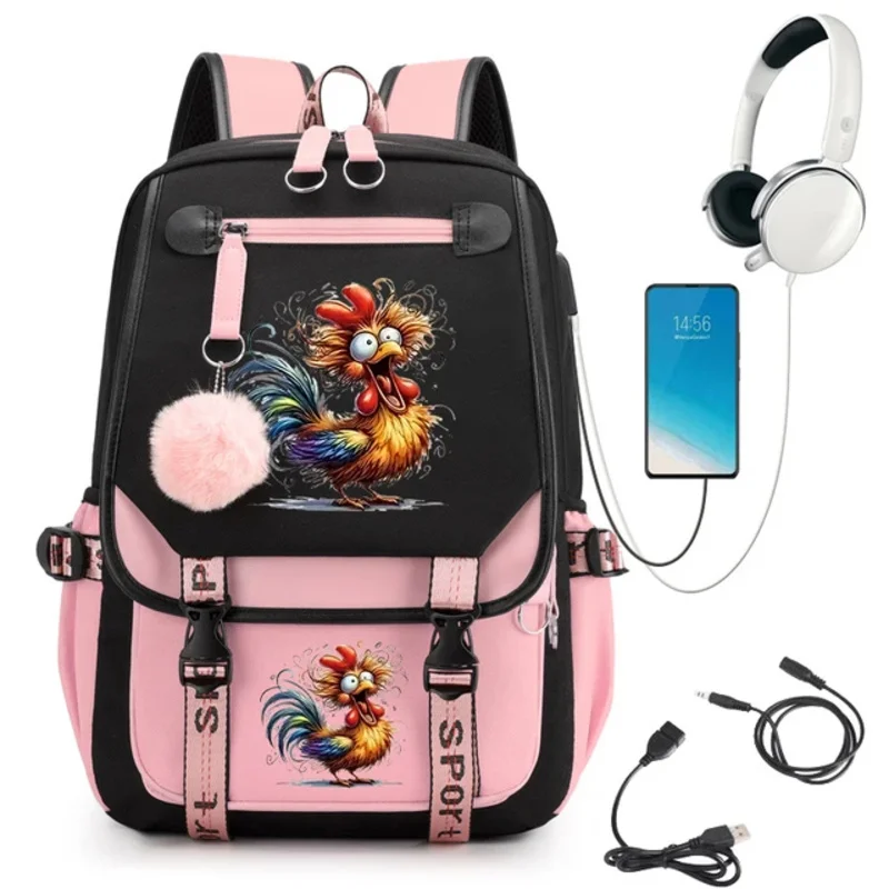 Women's Backpack Fashion Watercolor Chicken Student Computer Backpack Usb Charging School Bags Teenager Travel Bookbag Book Bags