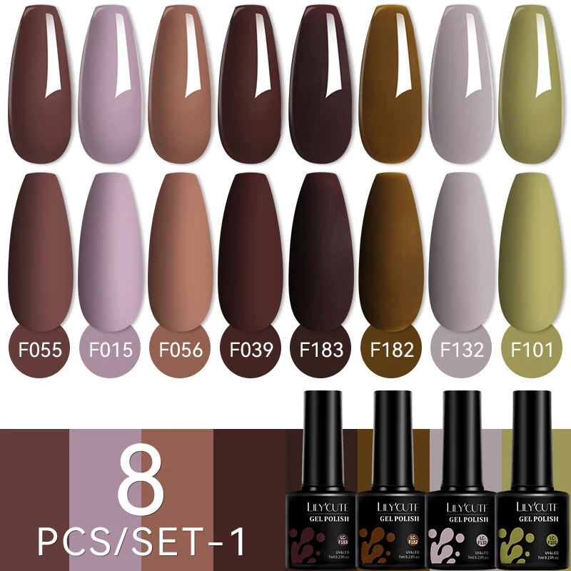 

LILYCUTE 8PCS/SET 7ml Autumn Brown Series Gel Nail Polish Gorgeous Color Full Coverage Semi Permanent Soak Off Nail Art Gel Kit