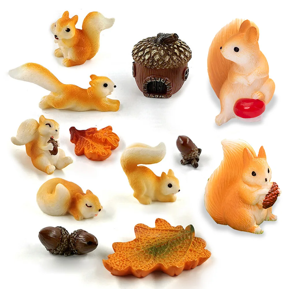Eichhörnchen Tannenzapfen Blatt Figur Cartoon Simulierte Tier Modell Harz Handwerk Hause Miniatur Fee Garten Dekoration Zubehör