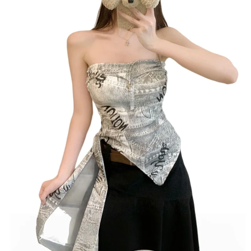 

2026 Summer Camouflage Strapless Tube Top For Women Trendy Design Ribbon Tie Back Sexy Y2K Streetwear Crop Top