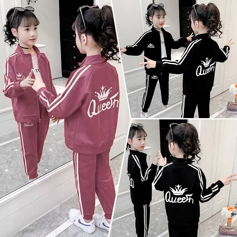 2026 teens winter autumn Girls Teenager tracksuit sport crown letter striped zipper Coat Jacket + skinny pant 5 6 7 8 9 10 year