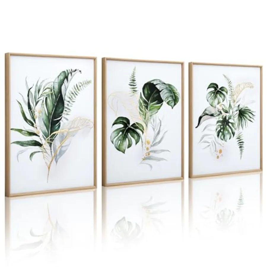 

Настенные картины в рамах для ванной комнаты: ботанические пейзажи на холсте с зелеными и золотистыми текстурированными элементами, современные изображения природы и растений