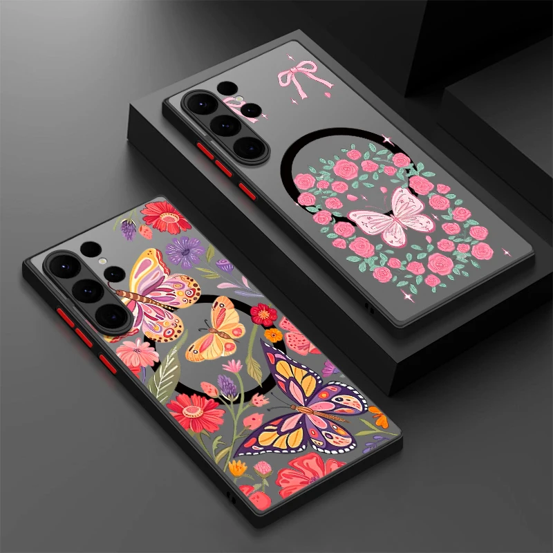 Blumen Bowknot Muster Telefon Fall Für Samsung Galaxy S25 S24 FE S25 Rand S23 S22 S21 Ultra Plus Magnetische Für Magsafe Hard Cover
