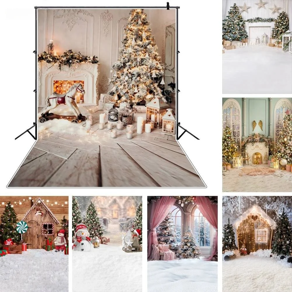 

Winter Christmas Tree Gray Background Candle Festival Fireplace Wood Floor Xmas Family Shoot Kid Photo Backdrop for Photography