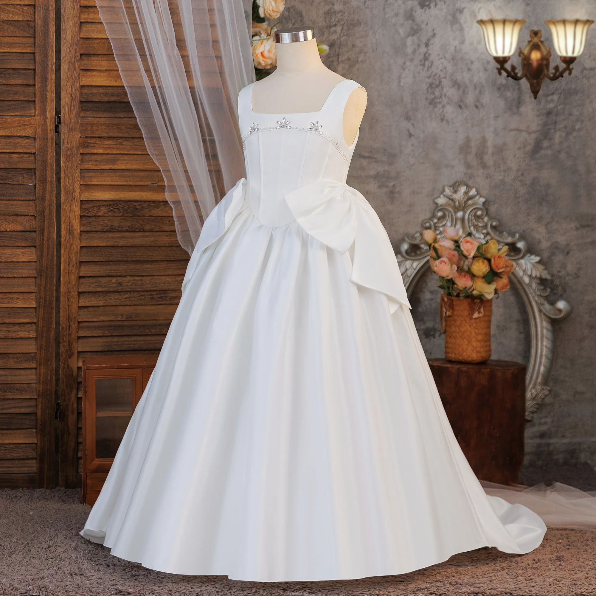 Elegantes Taufkleid für Brautjungfern, Partykleid für Mädchen, formelles Kleid mit Schleife, Hochzeits-Prinzessinnenkleid, Abendkleid für Mädchen, Abschlussfeier, Ballkleid – Detail 3