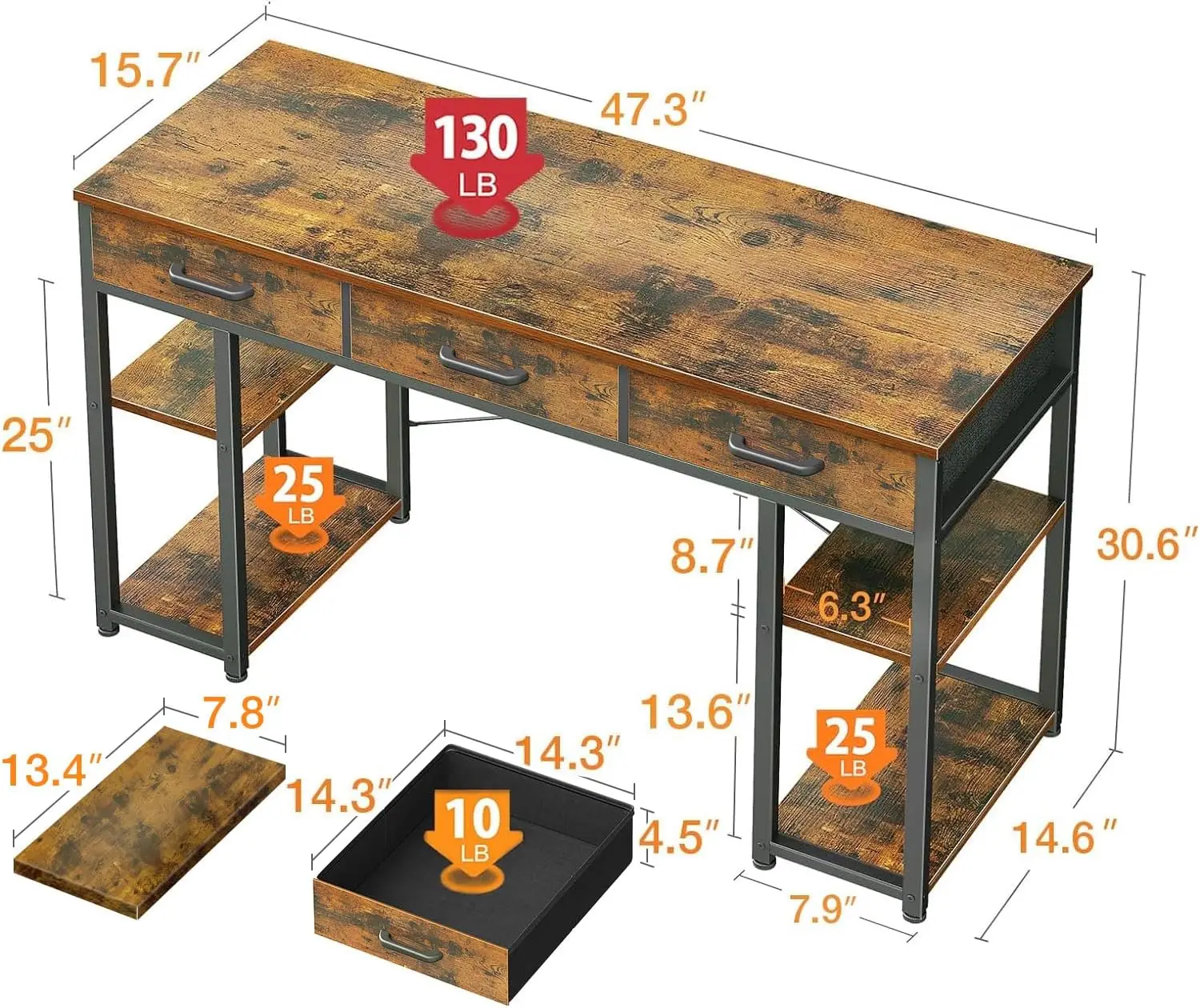 Office Small Computer Desk: Home Table with Fabric Drawers & Storage Shelves, Modern Writing Desk, Vintage, 48"x16"