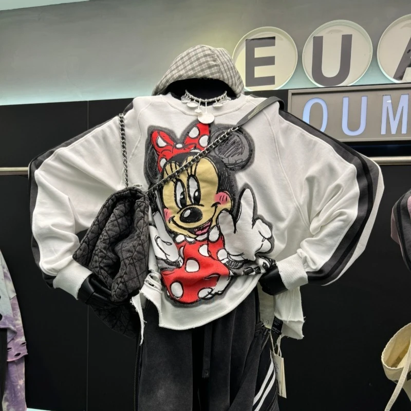 Autumn New Heavy Beaded Cartoon Crew Neck Sweatshirt Women's Loose Casual Pullovers Top Long-sleeves Sudaderas Streetwear Ladies