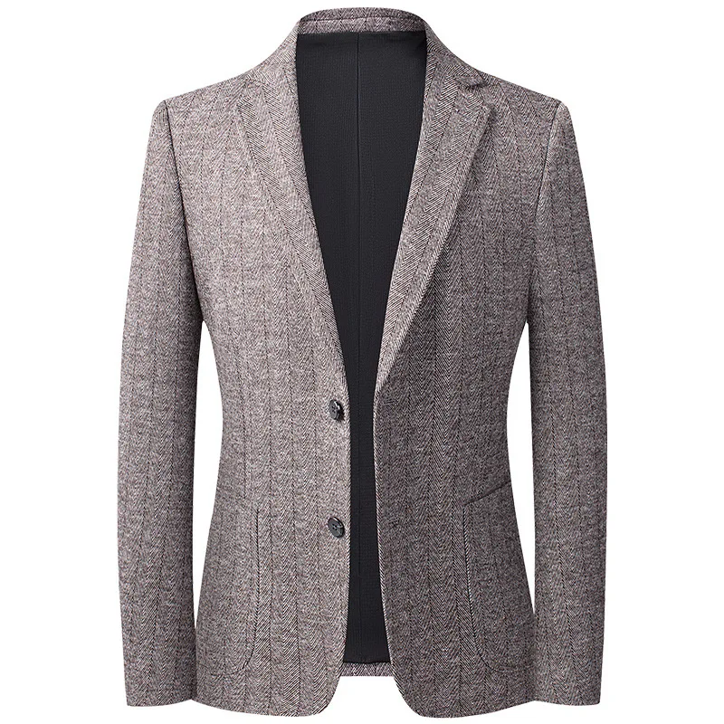 KIDWHXR Suit Jacket Men Autumn Korean Striped Single-breasted Man Blazer Slim Long Sleeve Pocket Office Casual Male Outerwear
