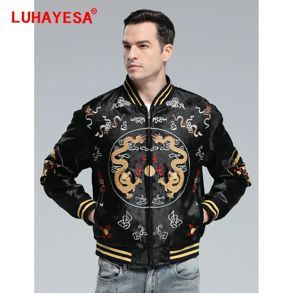 2024 Men Black Embroidery Dragon Cowhide Leather Jacket Spring Autumn Luhayesa Black Genuine Leather Coats