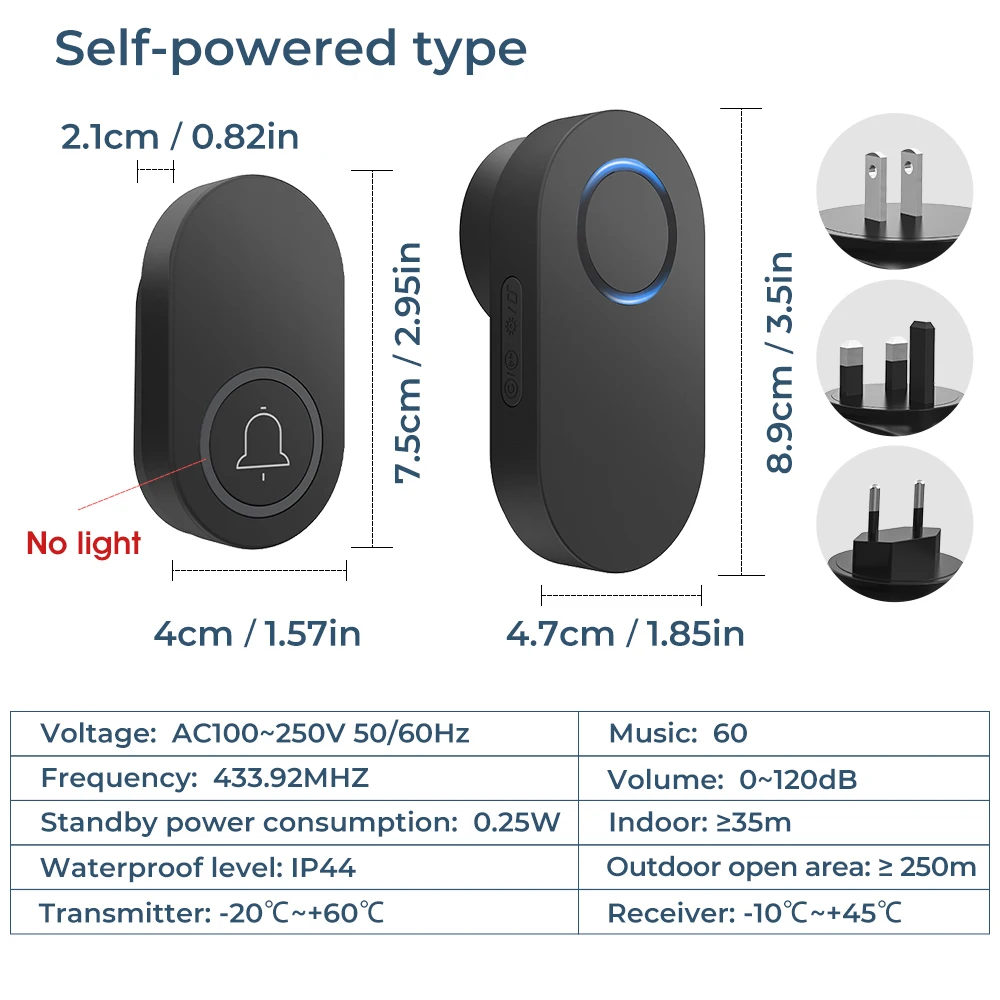SMATRUL Self Powered Doorbells No Need Battery 120dB 60 Chimes 250M Range EU US UK Plug Waterproof Door Bell For Office,Home