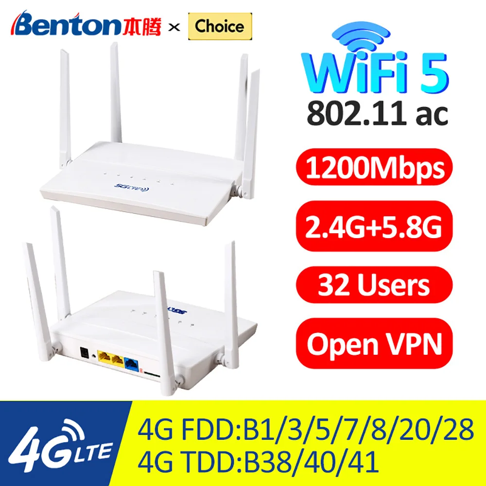 

Разблокированный двухдиапазонный маршрутизатор Benton 2,4G 5,8G 4G 1200M 4G SIM-маршрутизатор Wi-Fi со слотом для SIM-карты 100 Мбит/с WAN LAN VPN 32 пользователя WiFi5