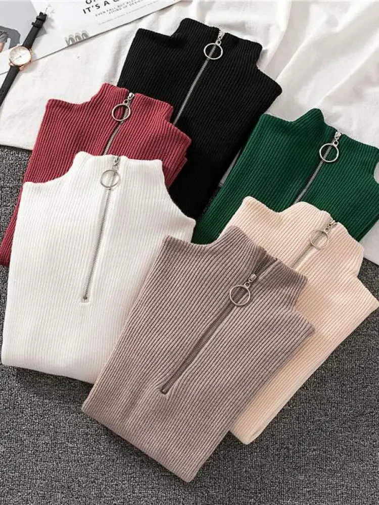 

Women Female Pullovers Casual Tops Fashion Solid Knitted Sweaters Vintage Long Sleeve Zip-up Basic Chic Turtleneck Sweater