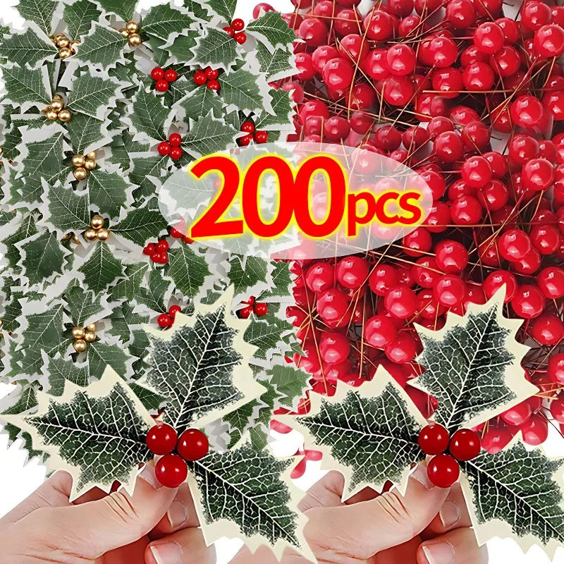 Christmas Artificial Holly Berry Green Leaves Fake Plants Gold Red Berries Xmas Tree Wreath Ornament DIY Home Party Decoration