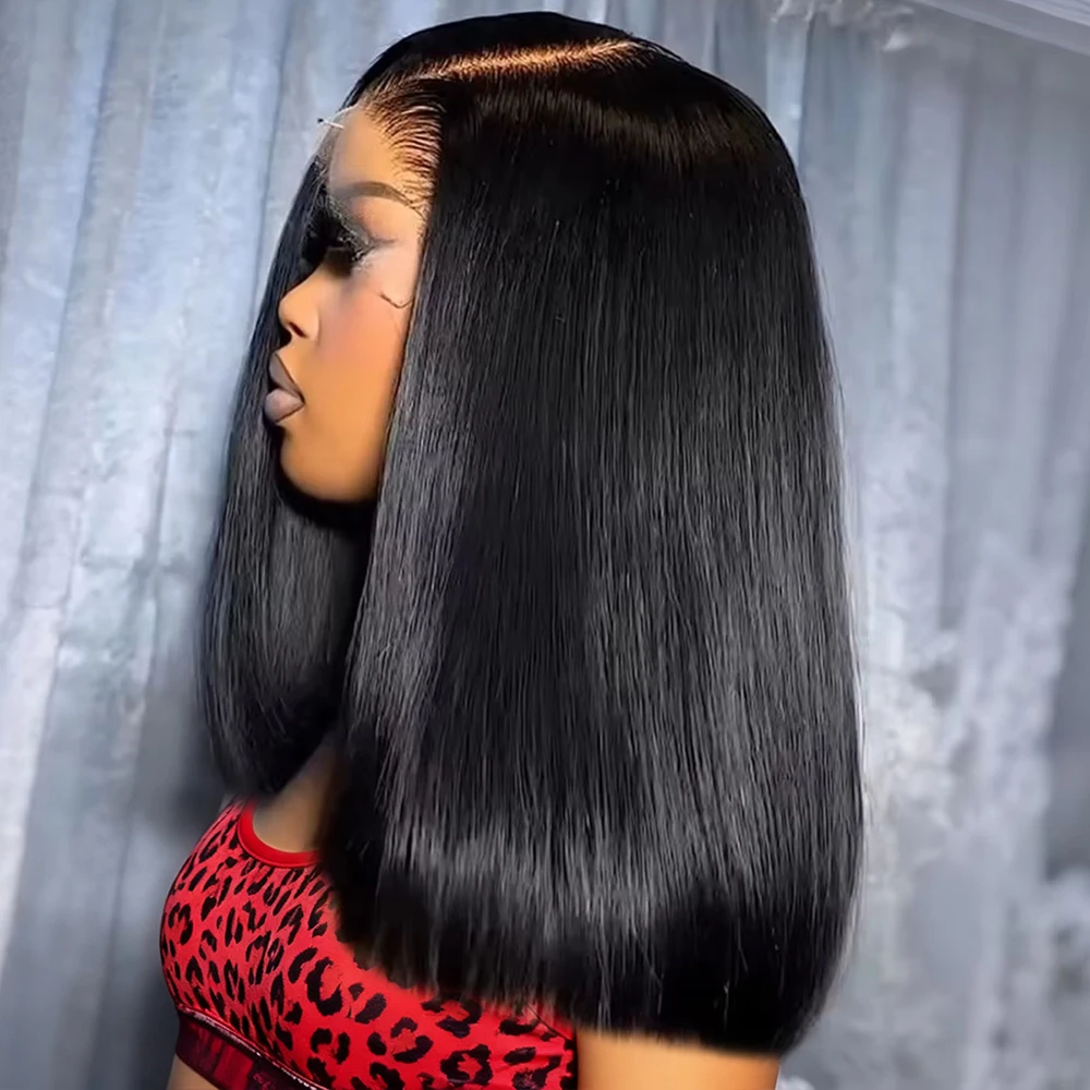 

Прямой парик 13x6 Боб, бесклеевые парики из натуральных волос на кружеве спереди, 250% необработанные волосы, перуанские 100 человеческих волос, кружевные фронтальные парики, натуральный черный