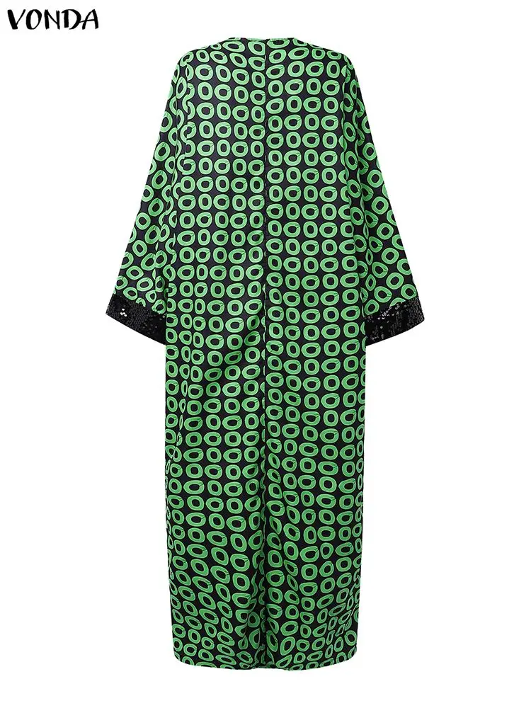 Gaun Maxi Wanita VONDA Ukuran Besar 5XL Lengan Panjang Model V-Neck Motif Bohemian Jubah Panjang 2025 Longgar Retro Kasual Pesta Vestidos