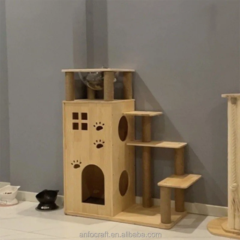 

Solid Wood Cat Tree with 1Bowl Sisal Scratching Posts Cozy Top Perch Modern Large Cat Condo for Halloween Toys