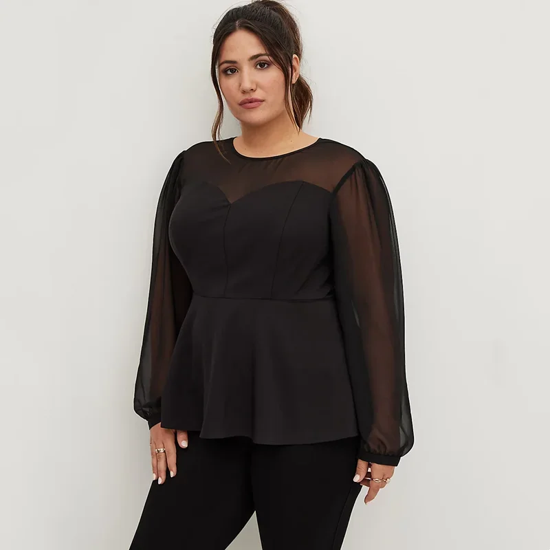 Chemisier péplum à manches longues en mousseline de soie pour femme, haut de bureau, noir, grande taille, 5XL, 6XL, mode élégante, été, printemps