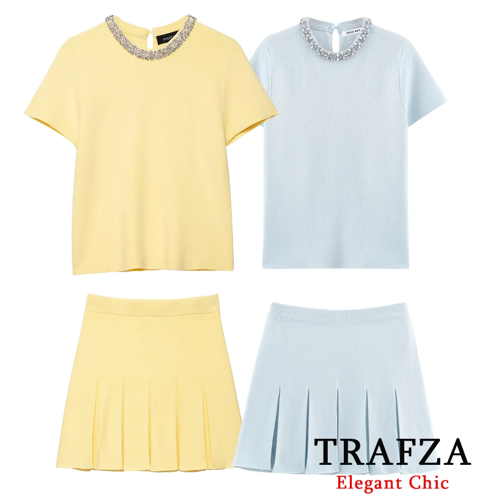 

TRAFZA-Women Elegant Knitted Set Blue Knitting Rhinestone Top Pleated Mini Skirt New 2025 Summer Fashion Casual Sweet Set