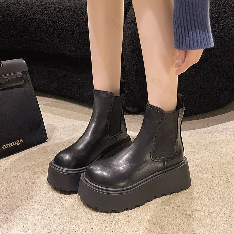 

Women Ankle Boots High Heels Platform 2025 Autumn New Fashion Chelsea Boots Women Leather Thick Sole Chunky Pumps Botas Mujer