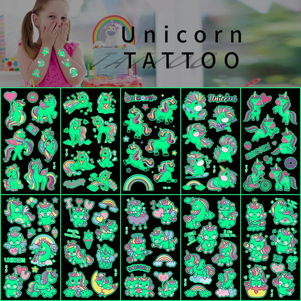 10 Sheets Cute Luminous Unicorn Theme Temporary Tattoo Body Face Stickers Toys for Kids Birthday Party Favors Pinata Fillers