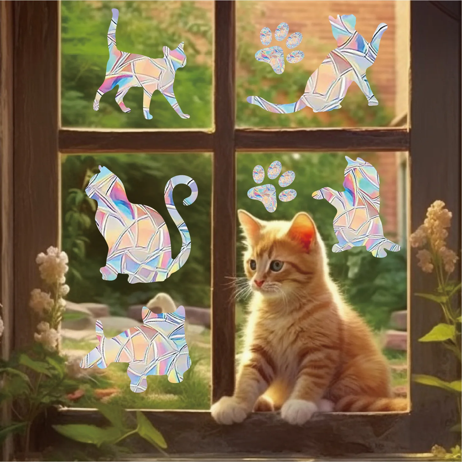 Pegatinas de ventana atrapasoles arcoíris de PVC, diseño de gato y mariposa, prismático, para pared de cristal, decoración para el hogar y dormitorio infantil, calcomanía autoadhesiva