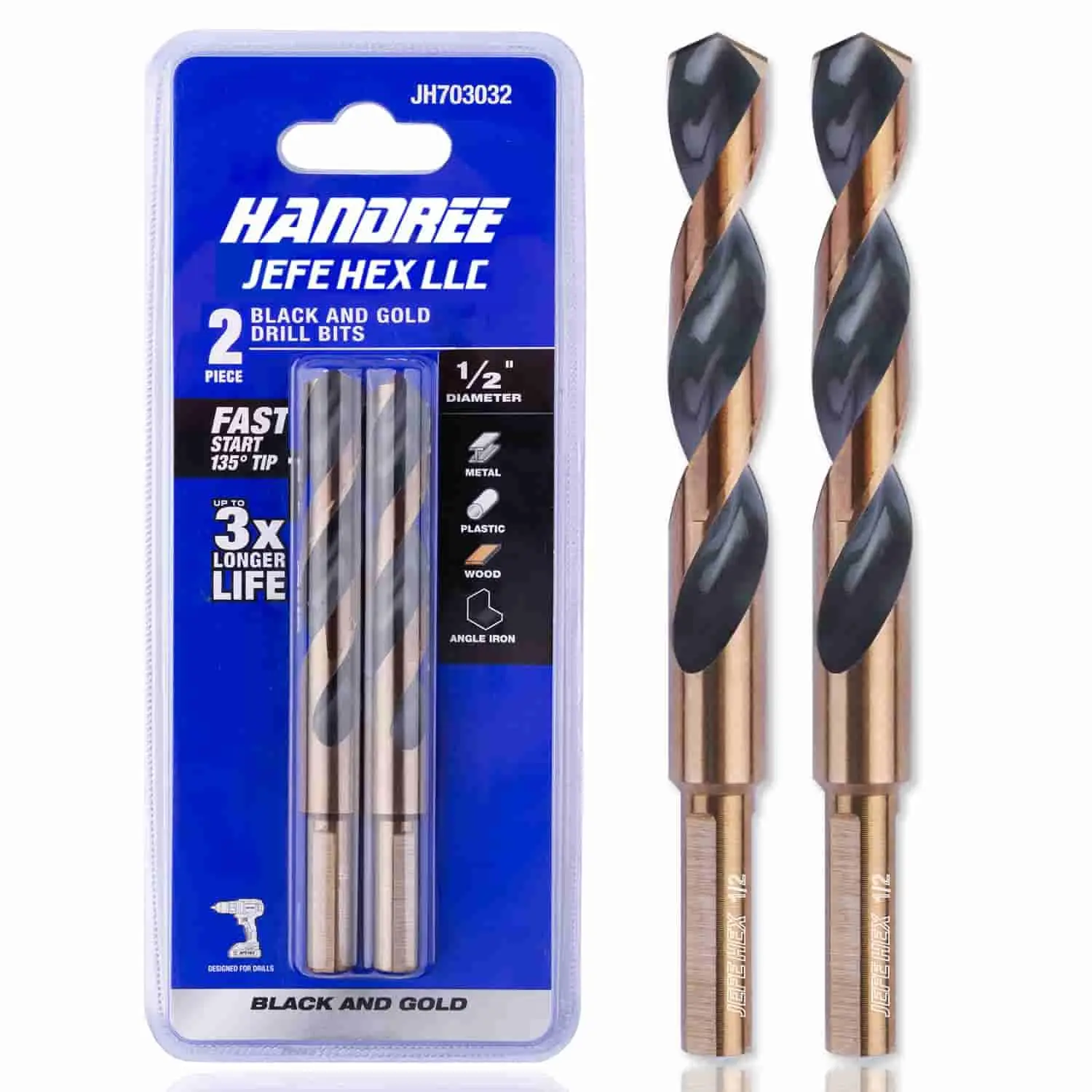 

1/2" Dia. 5" OAL HSS Twist Drill Bit, 3-Flat Shank, Black Gold Finish, 135° Split Point for Steel/Wood/Metal/Plastic (2-Piece)