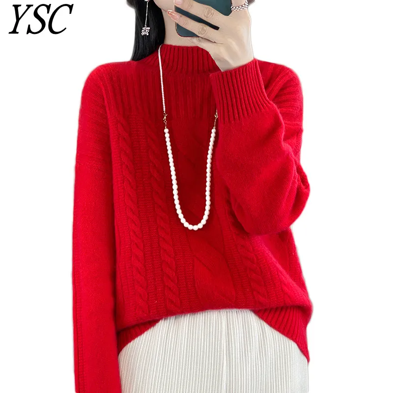 Ysc-女性の編み物カシミヤセーター、高さの襟、十分なパターン、厚くされたプルオーバー3、大きくて暖かい、高品質、新しい、2024