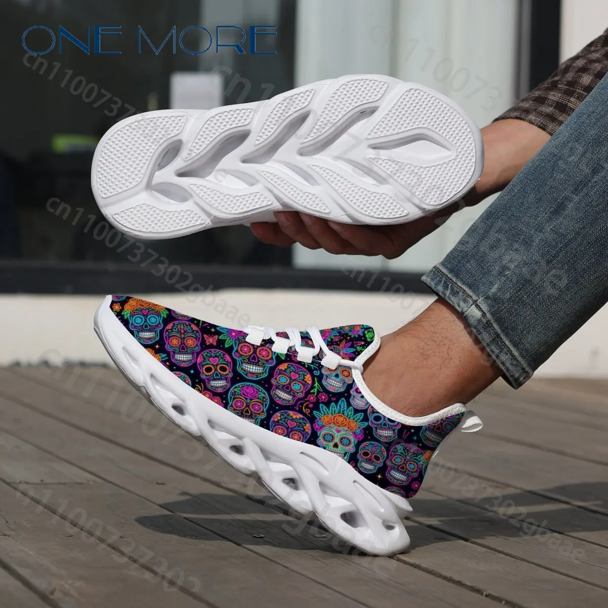 Holiday Gift Neon Sugar Skull All Over Print Sneakers Women Man Mexican Day of The Dead Breathable Mesh Lace‑Up Shoes view 6