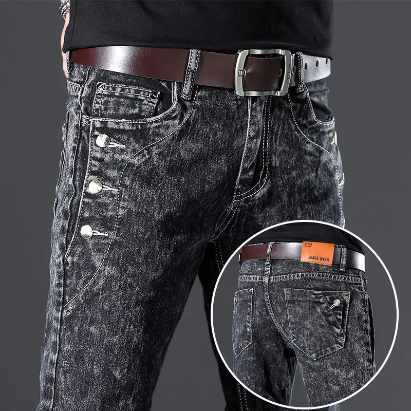 Autumn Winter High Quality Designer Men's Slim Length Korean Luxury Clothing Denim Jeans Pants Plush Stretch Snowflake Trousers