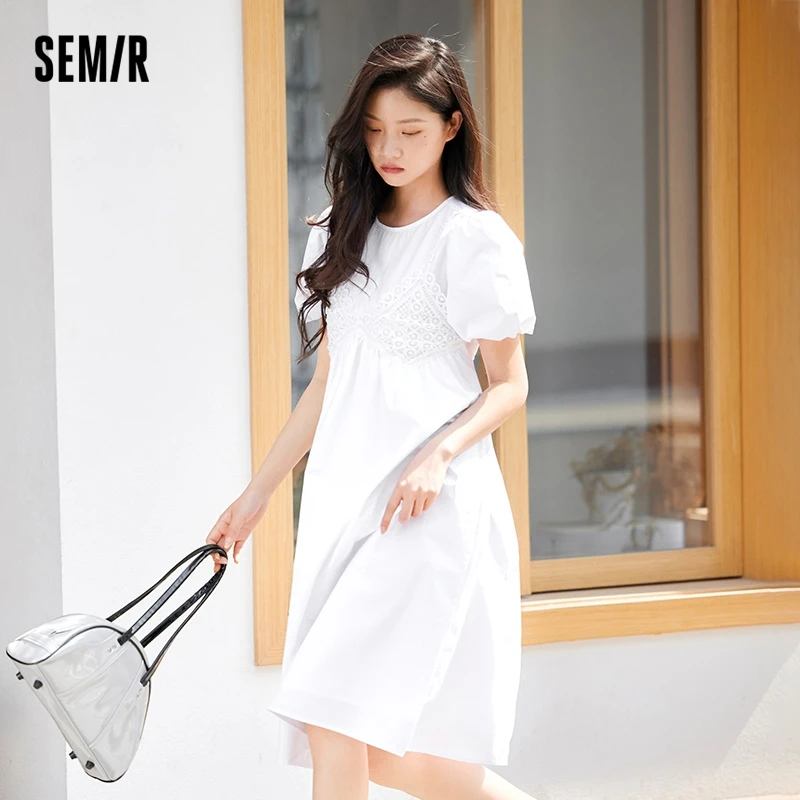 Semir Women Dress Stitching Fake Two Pieces White Bubble Sleeves 2023 Summer New Loose Cut-Out Dress Temperament