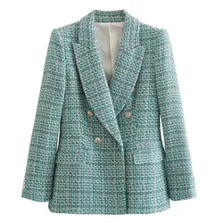 Maxdutti-Blazers femininos com seios duplos, jaqueta de Tweed, estilo inglês, senhora do escritório, moda casual, 2023